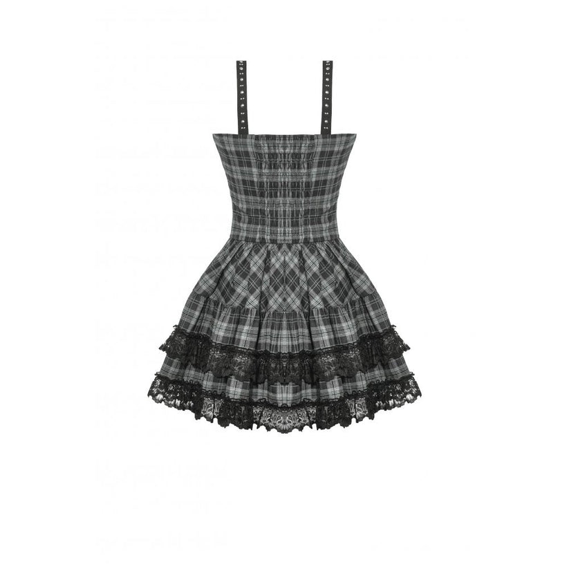 Dark in Love Punk Dress Ida Grey Tartan Metal Studded UK 8-18 - QHA UK