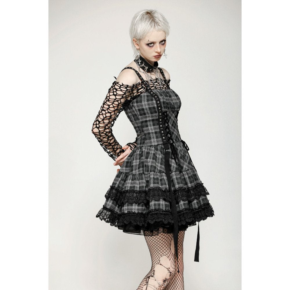 Dark in Love Punk Dress Ida Grey Tartan Metal Studded UK 8-18 - QHA UK