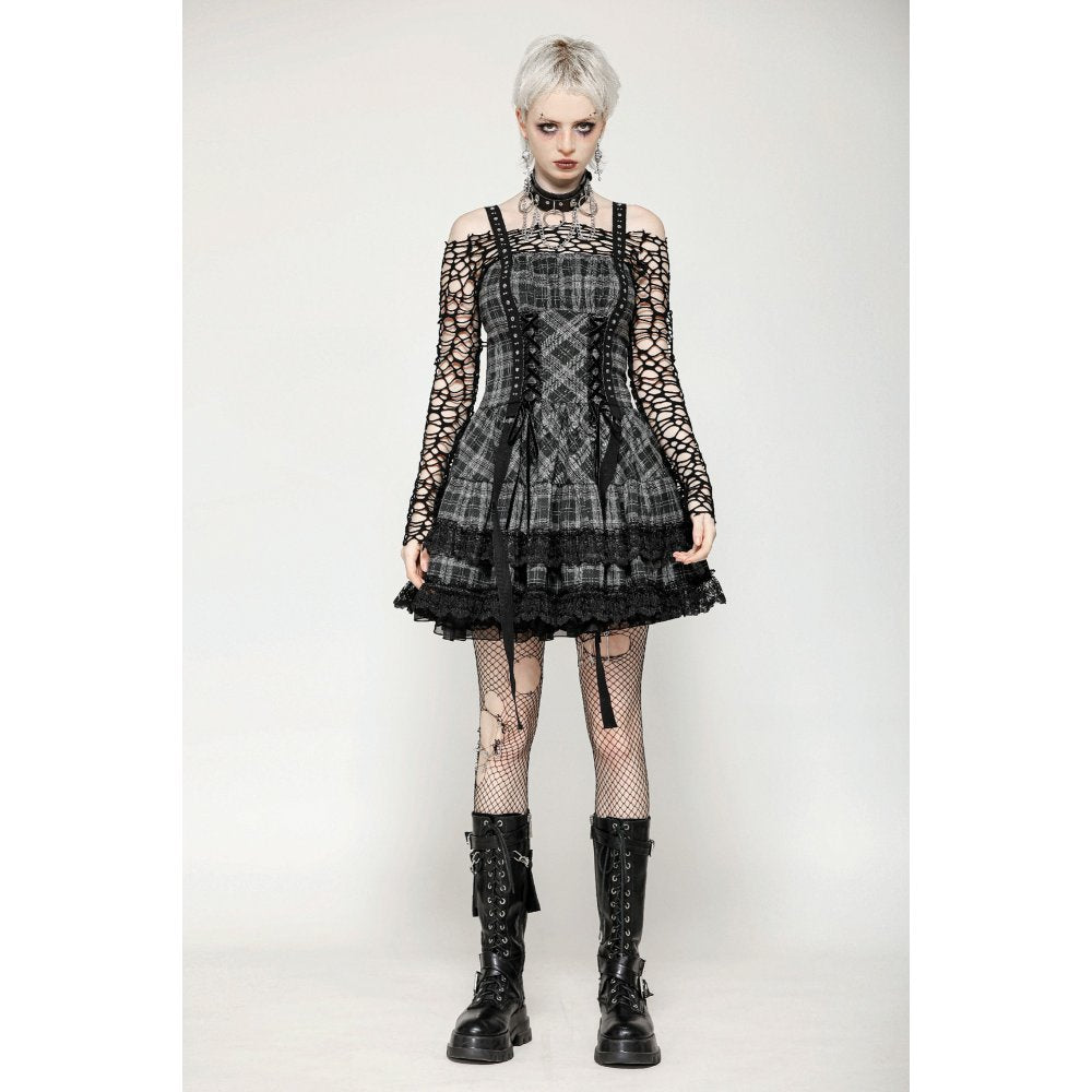 Dark in Love Punk Dress Ida Grey Tartan Metal Studded UK 8-18 - QHA UK