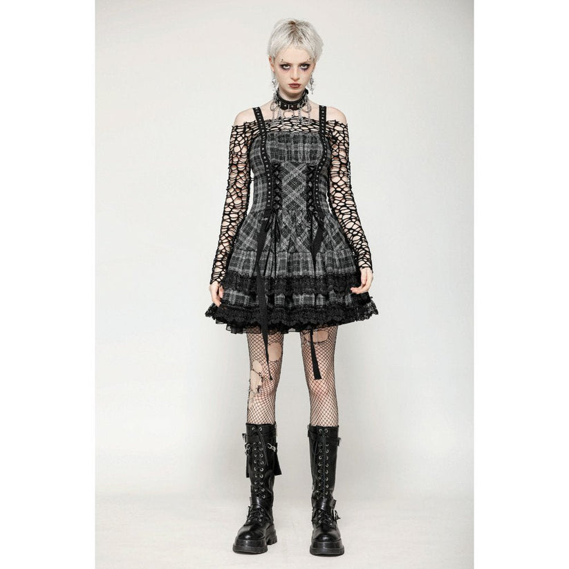 Dark in Love Punk Dress Ida Grey Tartan Metal Studded UK 8-18 - QHA UK
