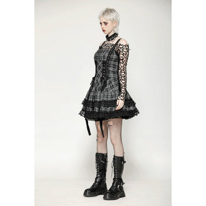 Dark in Love Punk Dress Ida Grey Tartan Metal Studded UK 8-18 - QHA UK