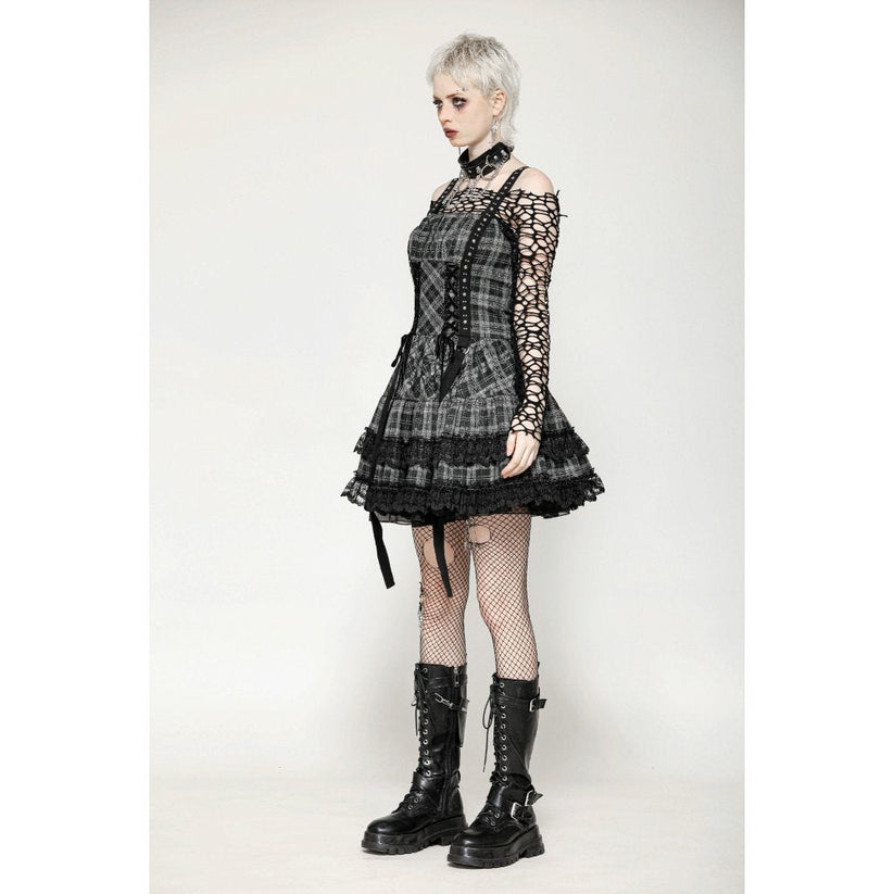 Dark in Love Punk Dress Ida Grey Tartan Metal Studded UK 8-18 - QHA UK