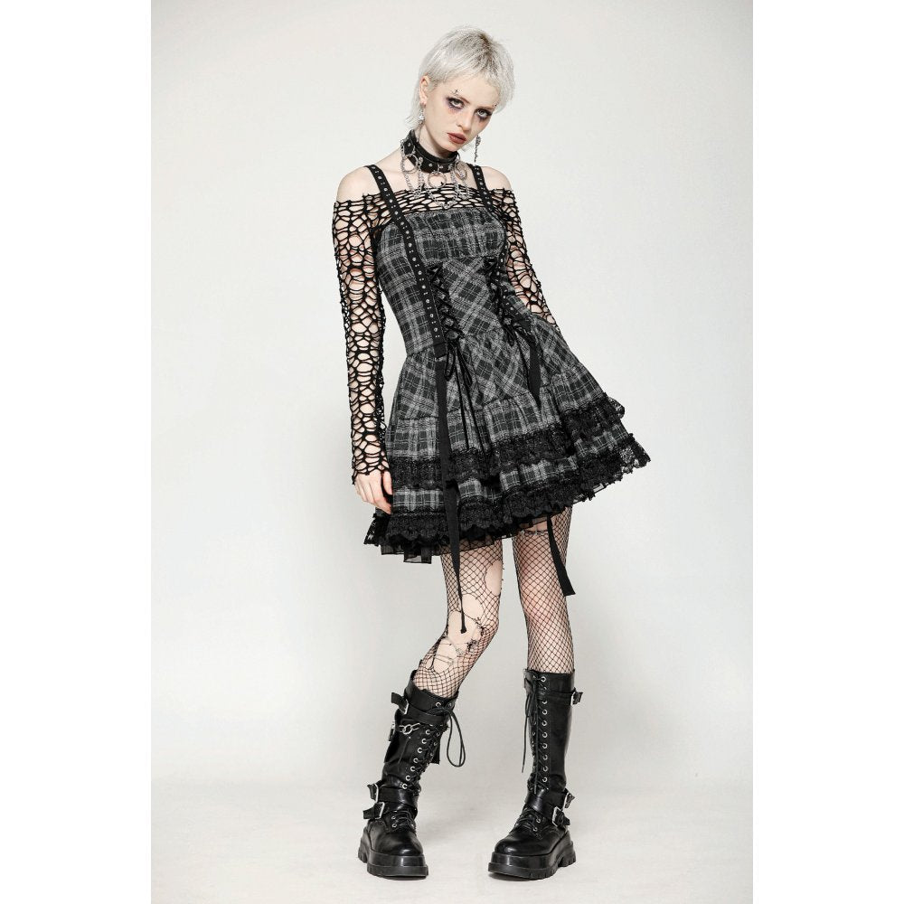 Dark in Love Punk Dress Ida Grey Tartan Metal Studded UK 8-18 - QHA UK