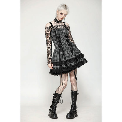 Dark in Love Punk Dress Ida Grey Tartan Metal Studded UK 8-18 - QHA UK