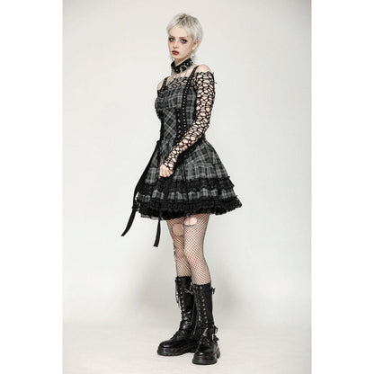 Dark in Love Punk Dress Ida Grey Tartan Metal Studded UK 8-18 - QHA UK