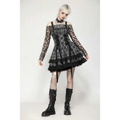 Dark in Love Punk Dress Ida Grey Tartan Metal Studded UK 8-18 - QHA UK