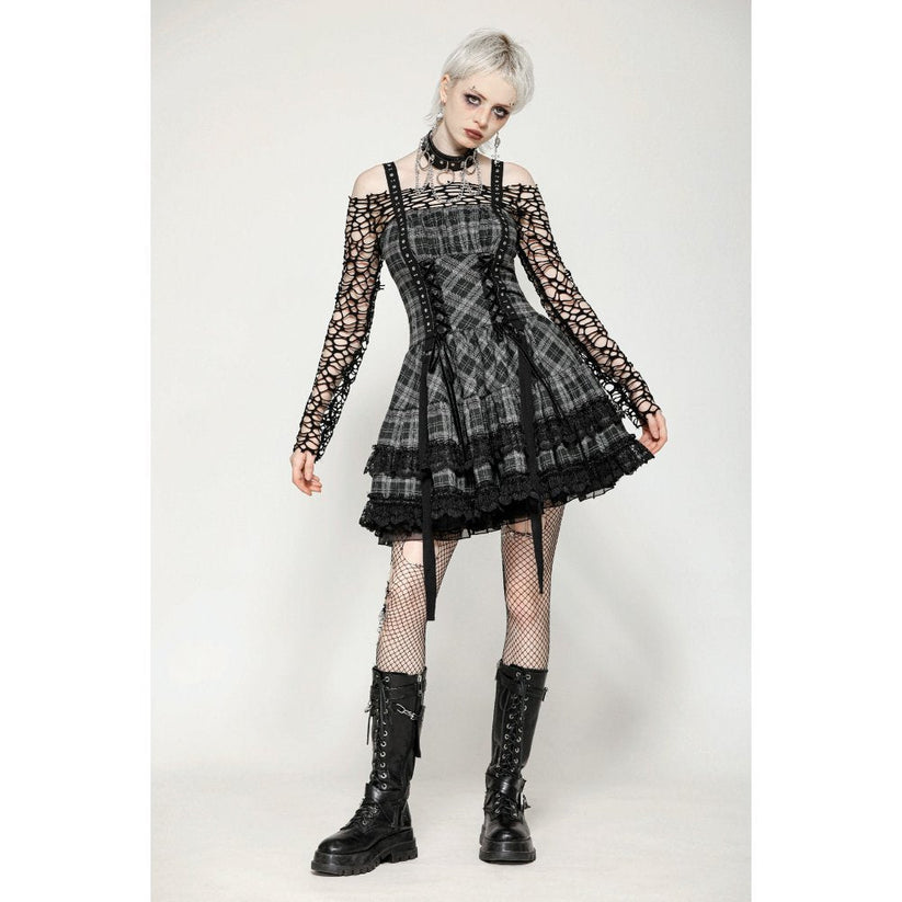 Dark in Love Punk Dress Ida Grey Tartan Metal Studded UK 8-18 - QHA UK