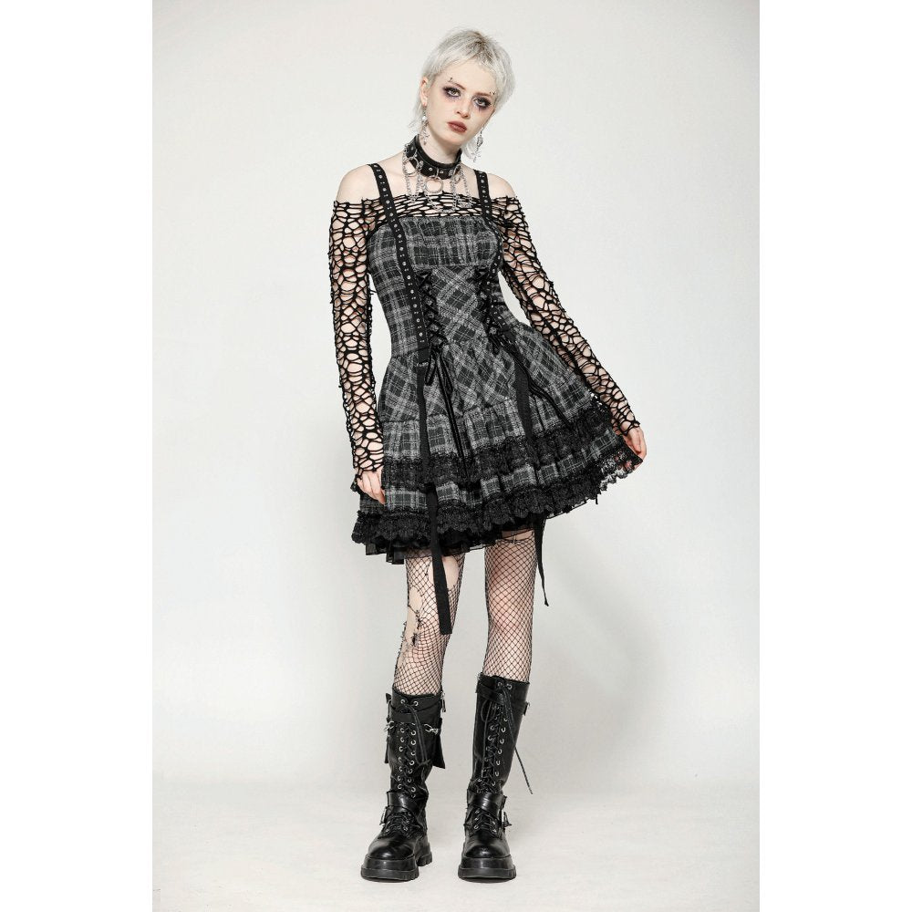 Dark in Love Punk Dress Ida Grey Tartan Metal Studded UK 8-18 - QHA UK