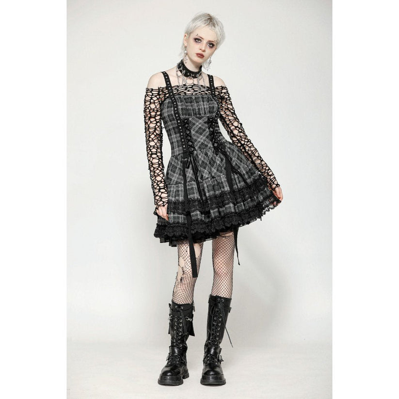 Dark in Love Punk Dress Ida Grey Tartan Metal Studded UK 8-18 - QHA UK