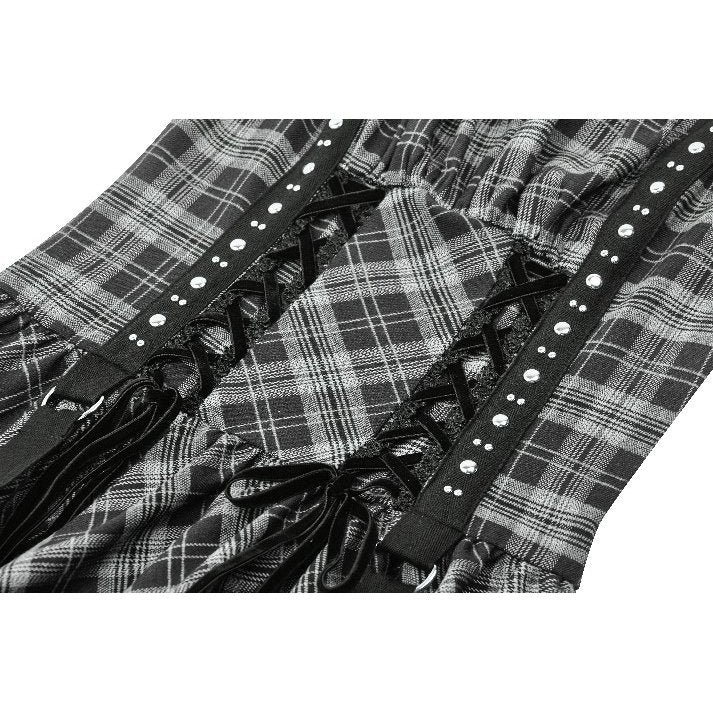 Dark in Love Punk Dress Ida Grey Tartan Metal Studded UK 8-18 - QHA UK