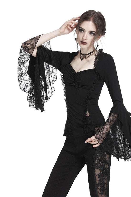 Dark in Love Gothic Top Jemima Black Lace Bell Sleeves Sweetheart - QHA UK