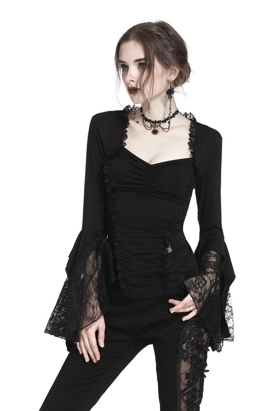 Dark in Love Gothic Top Jemima Black Lace Bell Sleeves Sweetheart - QHA UK