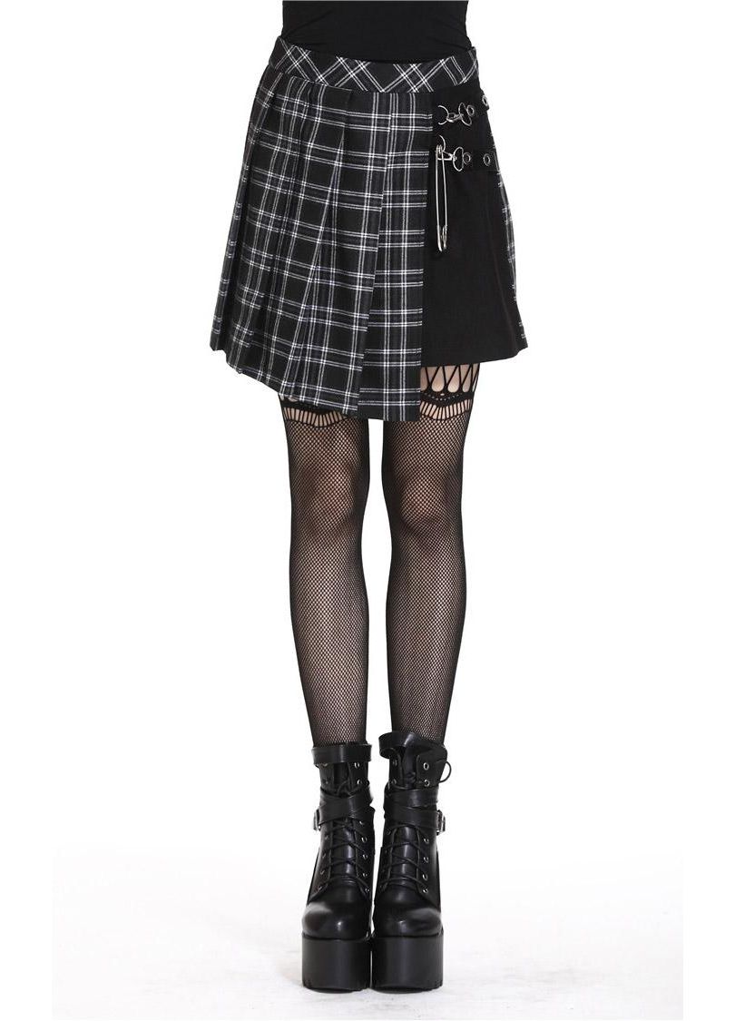 Dark in Love Gothic Mini Skirt Leah Tartan Black and White Plaid - QHA UK