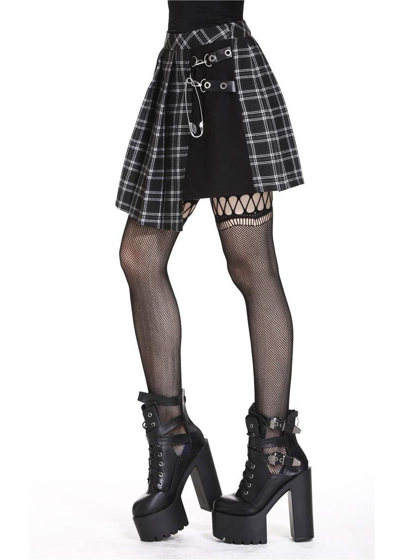 Dark in Love Gothic Mini Skirt Leah Tartan Black and White Plaid - QHA UK