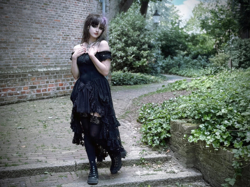 Dark in Love Gothic Dress Lilinoe Off-Shoulder Lace-Up Back UK 8-18 - Back View - QHA UK