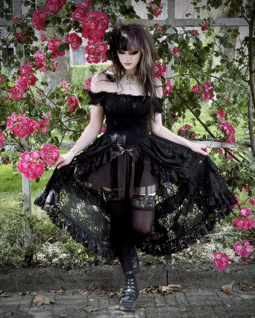 Dark in Love Gothic Dress Lilinoe Off-Shoulder Lace-Up Back UK 8-18 - Back View - QHA UK