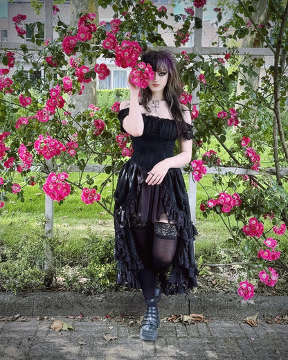 Dark in Love Gothic Dress Lilinoe Off-Shoulder Lace-Up Back UK 8-18 - Back View - QHA UK