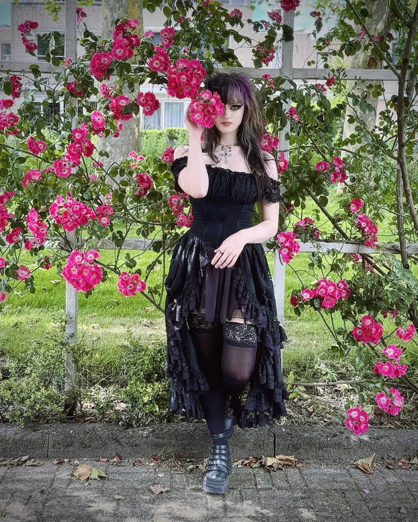 Dark in Love Gothic Dress Lilinoe Off-Shoulder Lace-Up Back UK 8-18 - Back View - QHA UK