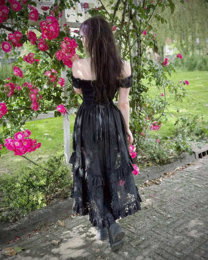 Dark in Love Gothic Dress Lilinoe Off-Shoulder Lace-Up Back UK 8-18 - Back View - QHA UK