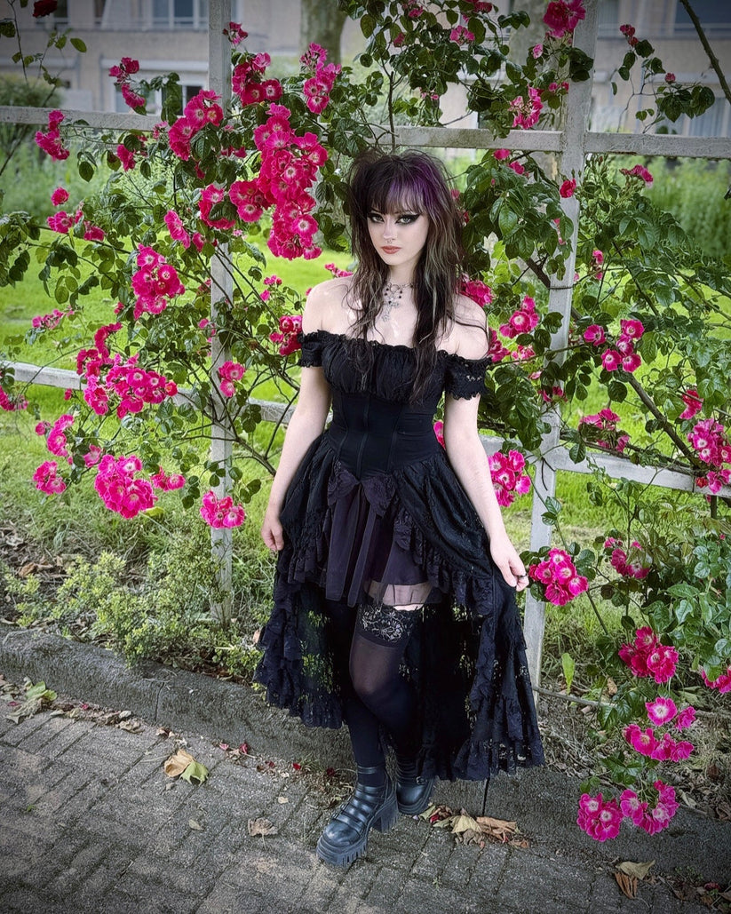 Dark in Love Gothic Dress Lilinoe Off-Shoulder Lace-Up Back UK 8-18 - Back View - QHA UK