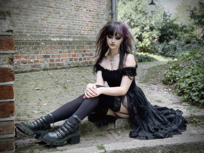 Dark in Love Gothic Dress Lilinoe Off-Shoulder Lace-Up Back UK 8-18 - Back View - QHA UK