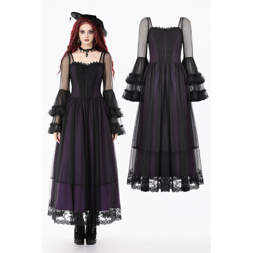 Dark in Love Gothic Maxi Dress Lilith Bell Sleeve UK 8-22 - QHA UK