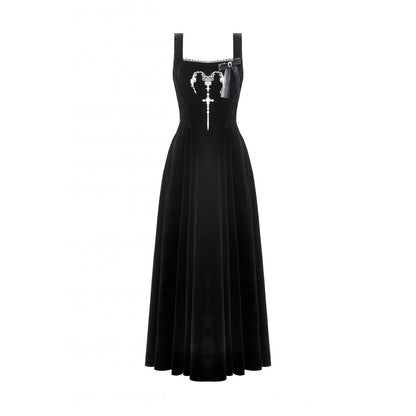 Dark In Love Lux Black Velvet Horn Embroidery Maxi Dress | QHA UK - QHA UK
