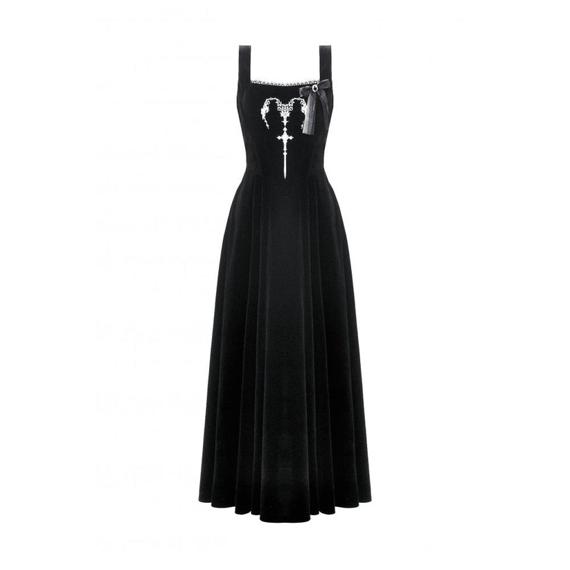 Dark In Love Lux Black Velvet Horn Embroidery Maxi Dress | QHA UK - QHA UK