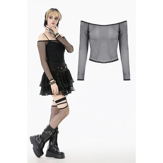Dark in Love Women's Gothic Mesh Top Lyra Fishnet Off-Shoulder UK 8-18 - QHA UK