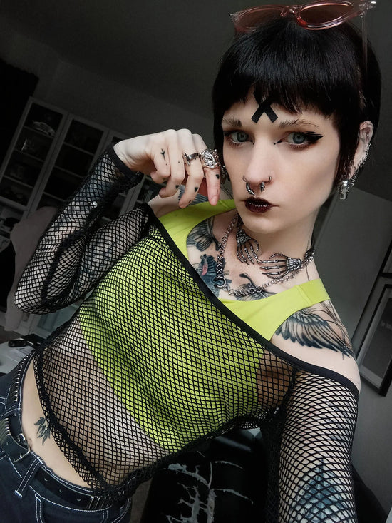 Dark in Love Women's Gothic Mesh Top Lyra Fishnet Off-Shoulder UK 8-18 - QHA UK