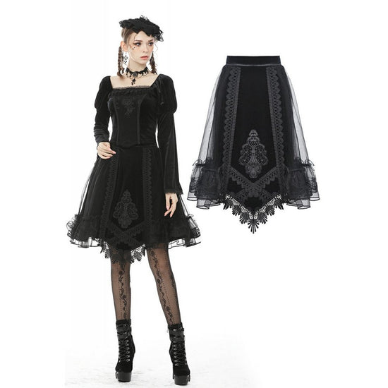 Dark in Love Gothic Skirt Melisandre Embroidered Velvet Mesh Black - QHA UK