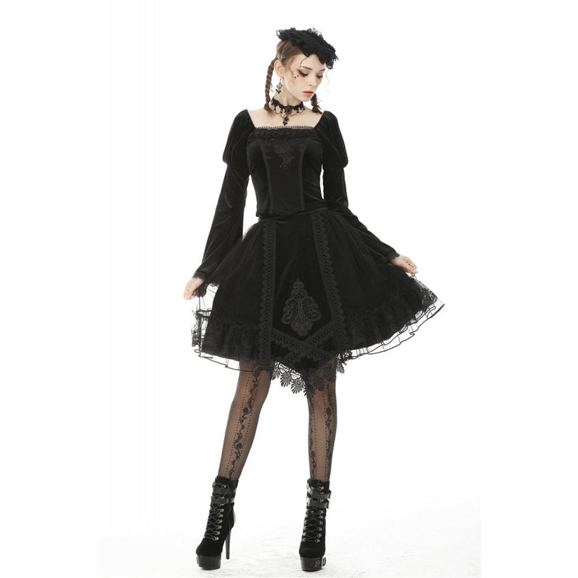 Dark in Love Gothic Skirt Melisandre Embroidered Velvet Mesh Black - QHA UK