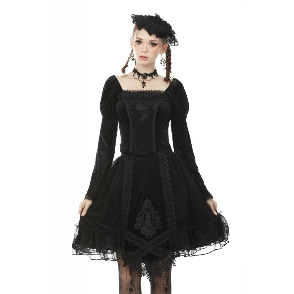 Dark in Love Gothic Skirt Melisandre Embroidered Velvet Mesh Black - QHA UK