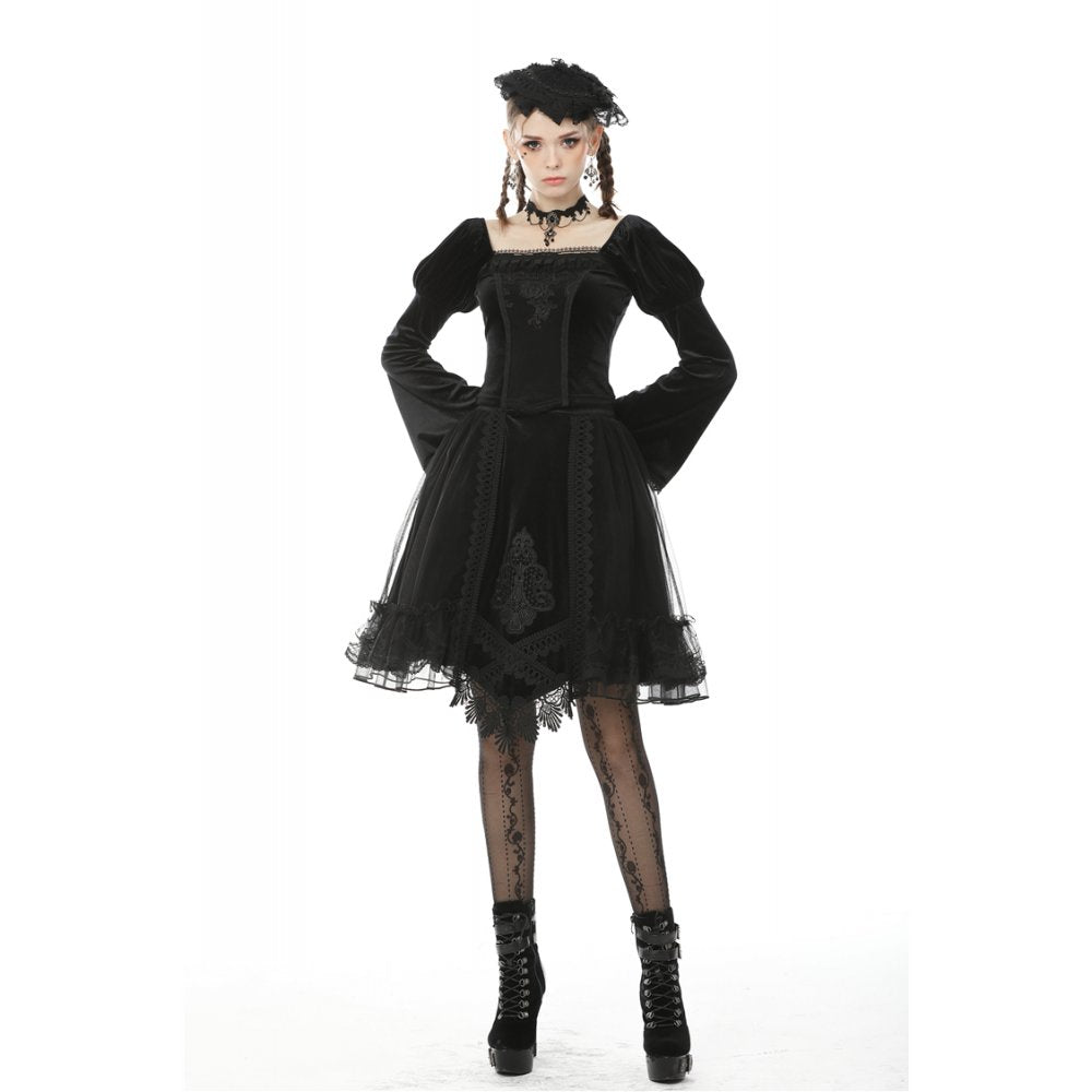 Dark in Love Gothic Skirt Melisandre Embroidered Velvet Mesh Black - QHA UK