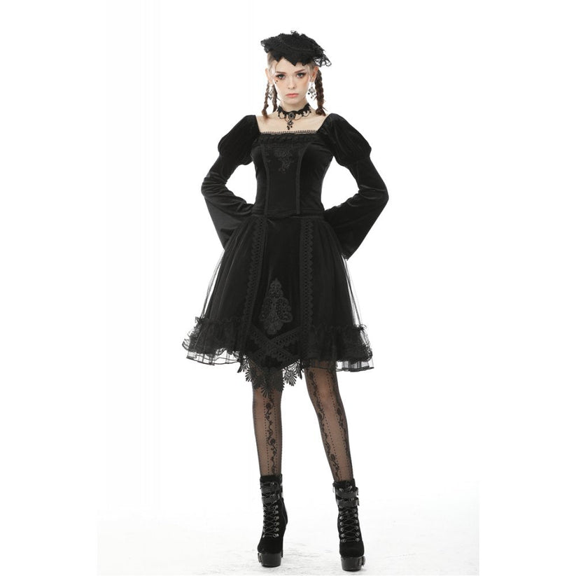 Dark in Love Gothic Skirt Melisandre Embroidered Velvet Mesh Black - QHA UK