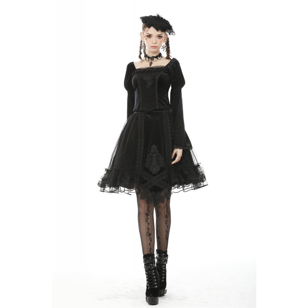 Dark in Love Gothic Skirt Melisandre Embroidered Velvet Mesh Black - QHA UK