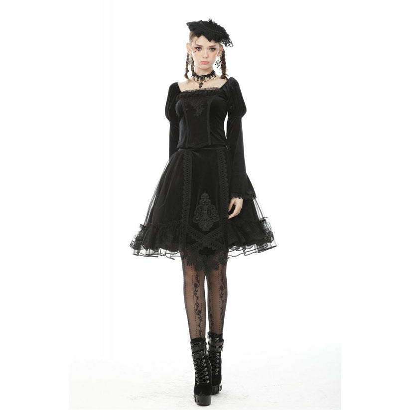 Dark in Love Gothic Skirt Melisandre Embroidered Velvet Mesh Black - QHA UK