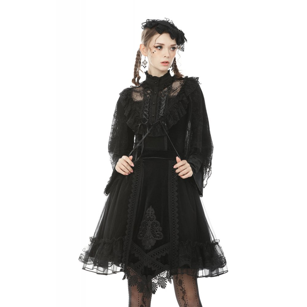 Dark in Love Gothic Skirt Melisandre Embroidered Velvet Mesh Black - QHA UK