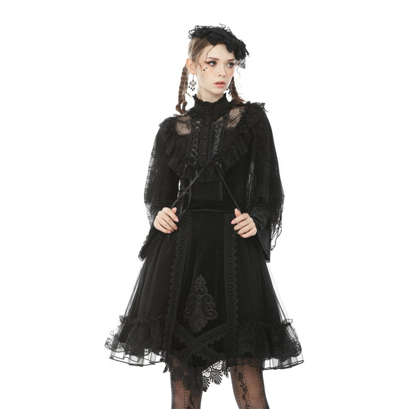 Dark in Love Gothic Skirt Melisandre Embroidered Velvet Mesh Black - QHA UK