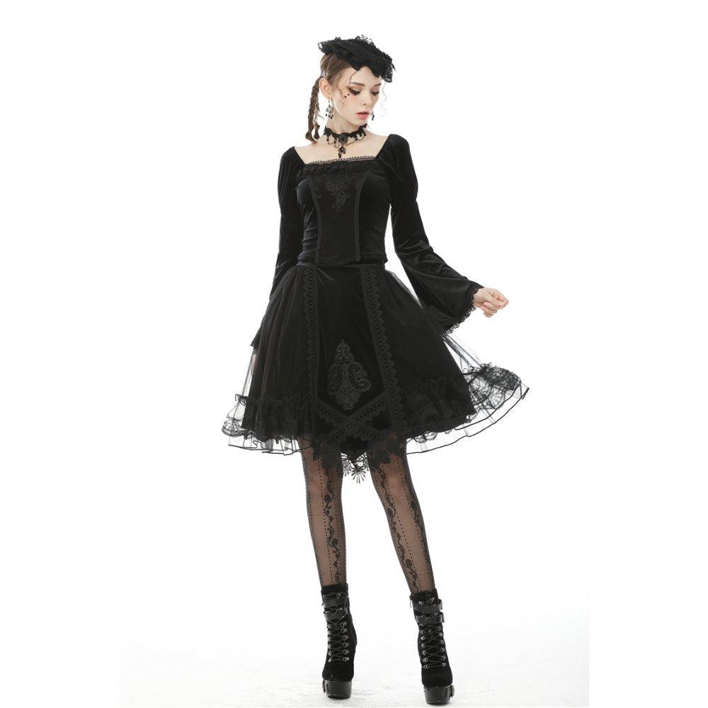Dark in Love Gothic Skirt Melisandre Embroidered Velvet Mesh Black - QHA UK