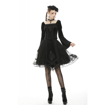 Dark in Love Gothic Skirt Melisandre Embroidered Velvet Mesh Black - QHA UK