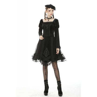 Dark in Love Gothic Skirt Melisandre Embroidered Velvet Mesh Black - QHA UK