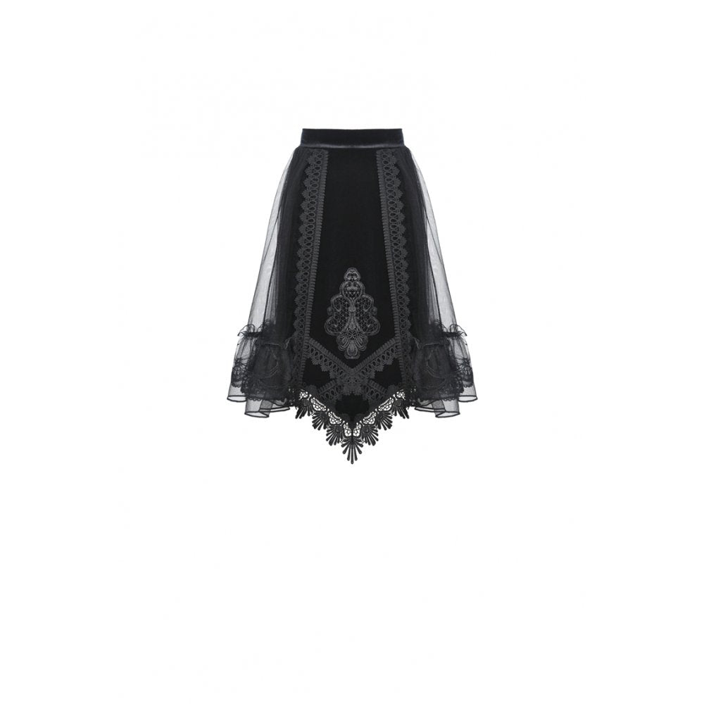Dark in Love Gothic Skirt Melisandre Embroidered Velvet Mesh Black - QHA UK