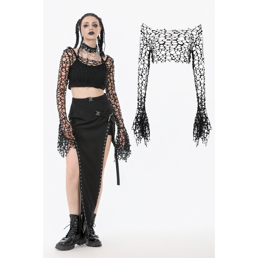 Dark in Love Women's Crop Top Morana Mesh Crochet Knit Bell Sleeve - QHA UK
