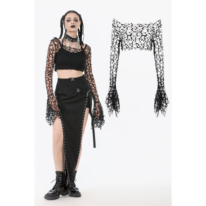 Dark in Love Women's Crop Top Morana Mesh Crochet Knit Bell Sleeve - QHA UK