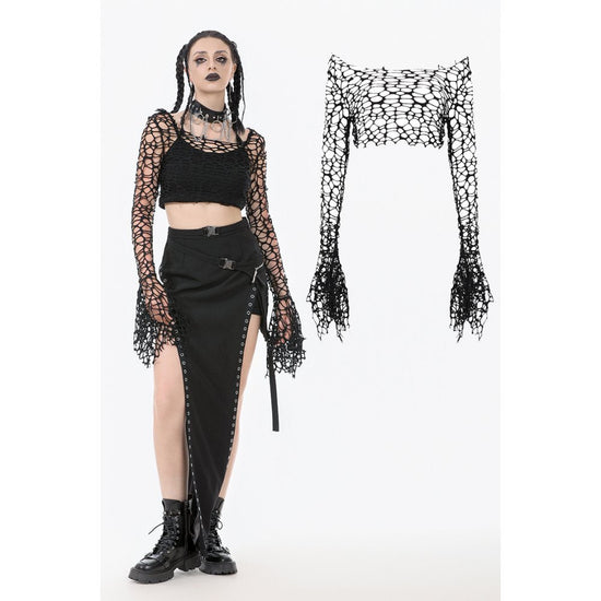 Dark in Love Women's Crop Top Morana Mesh Crochet Knit Bell Sleeve - QHA UK