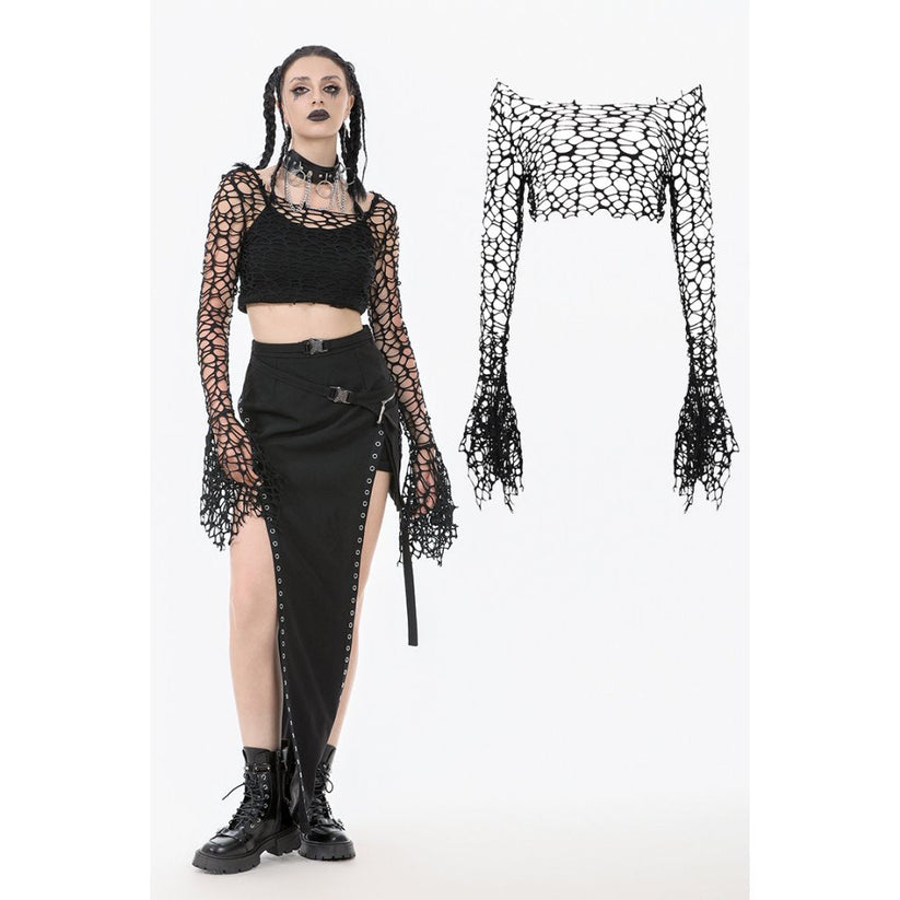 Dark in Love Women's Crop Top Morana Mesh Crochet Knit Bell Sleeve - QHA UK
