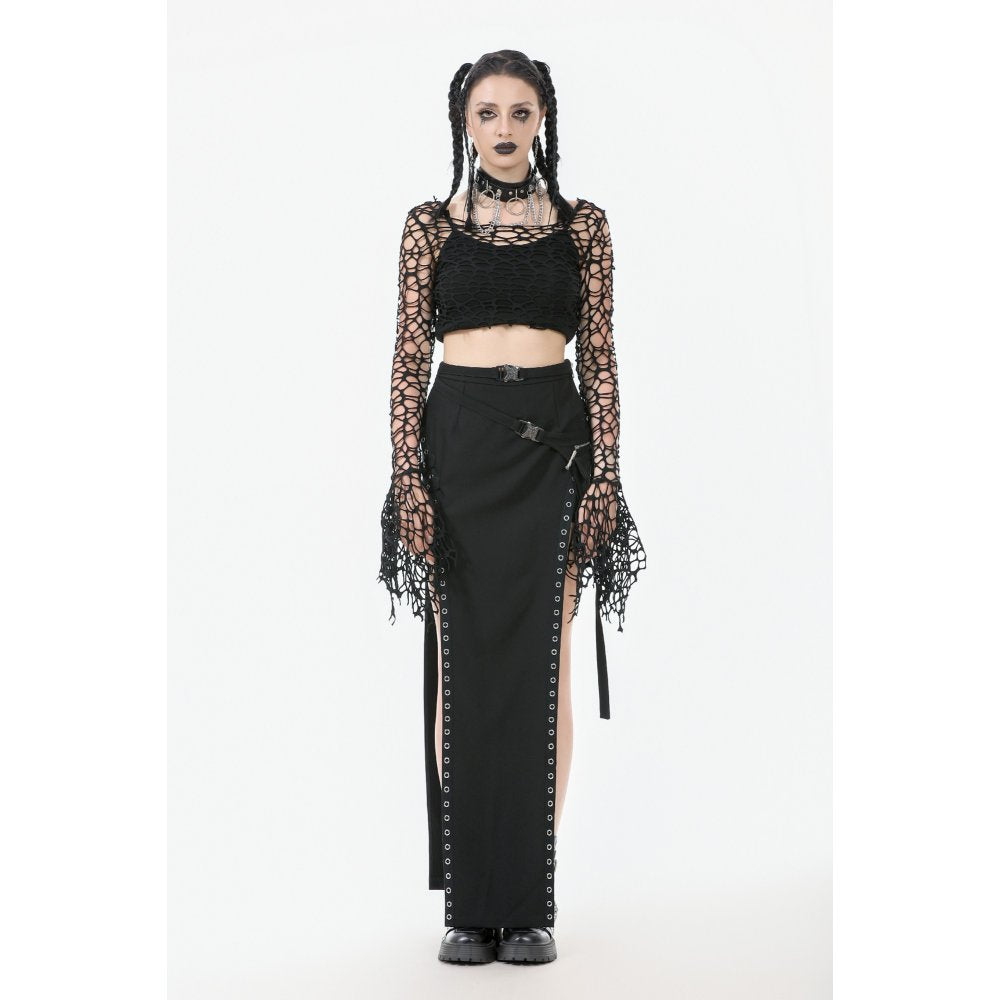 Dark in Love Women's Crop Top Morana Mesh Crochet Knit Bell Sleeve - Sleeve Detail - QHA UK