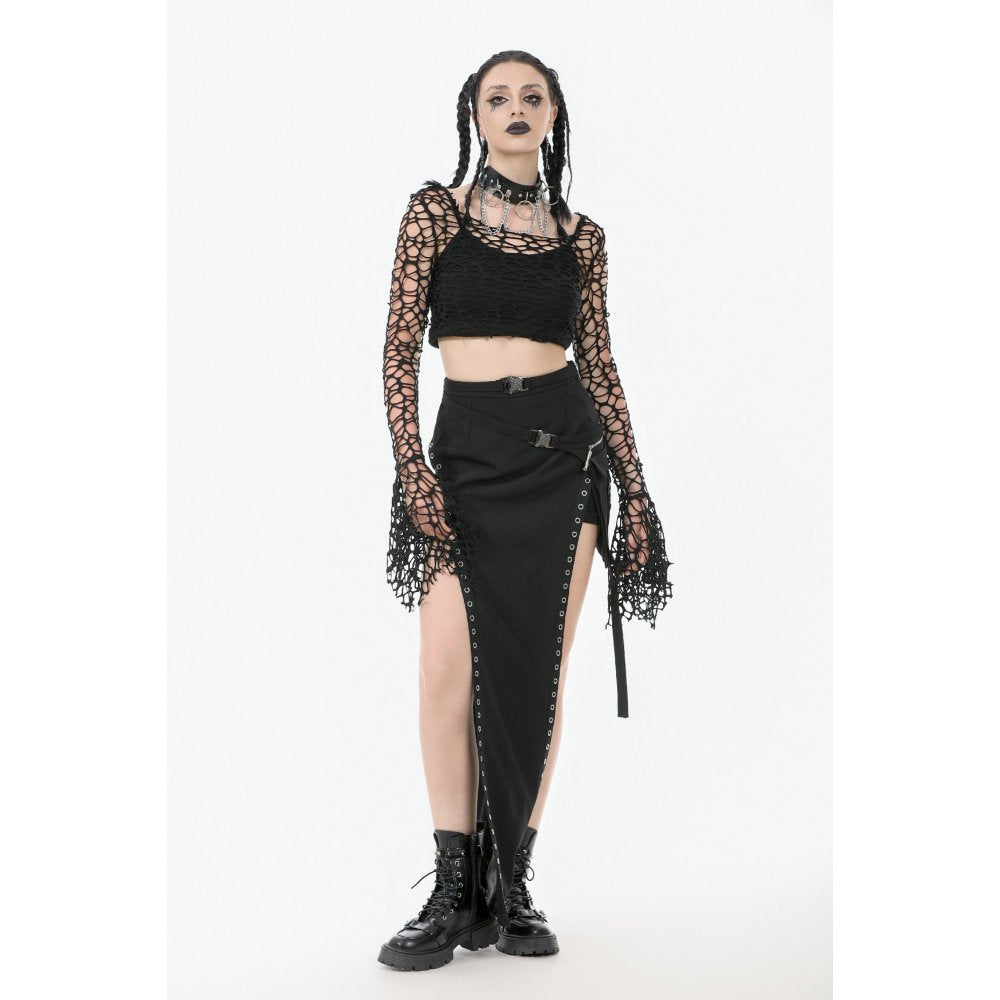 Dark in Love Women's Crop Top Morana Mesh Crochet Knit Bell Sleeve - Sleeve Detail - QHA UK