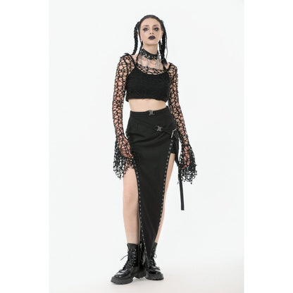 Dark in Love Women's Crop Top Morana Mesh Crochet Knit Bell Sleeve - Sleeve Detail - QHA UK